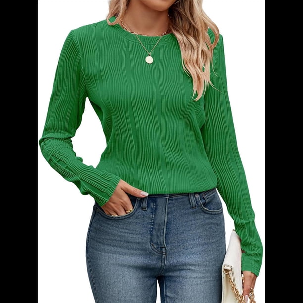 Camisetas de Larga para Mujer, Blusa Informal Holgada de Punto Acanalado con Cuello Redondo, Jersey de Moda para Otoño. Verde M