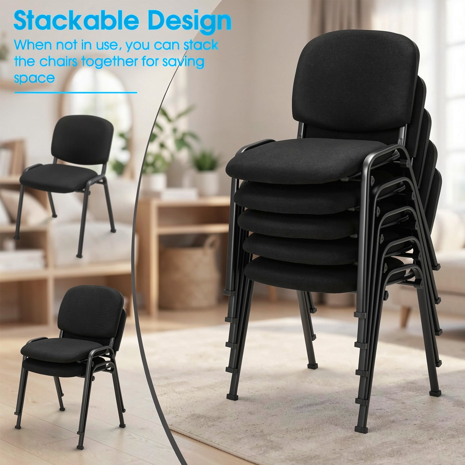 Furnibear Conference Chair Set of 5, Stackable Reception Office Guest Chair with Linen Padded Seat and Metal Frame for Meeting Waiting Room, Black