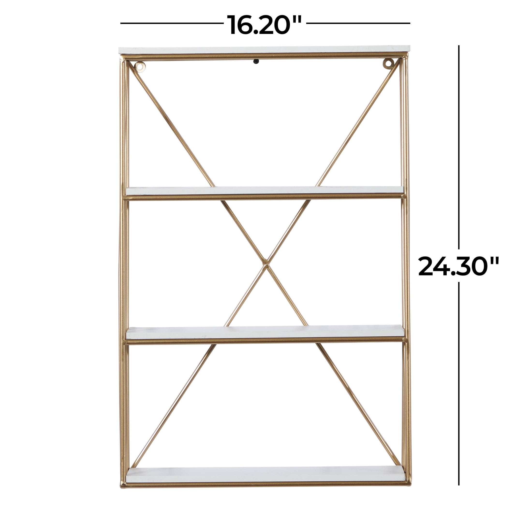 DecMode 16" x 4" 4-Tier Gold Wall Shelf with White Wooden Shelves