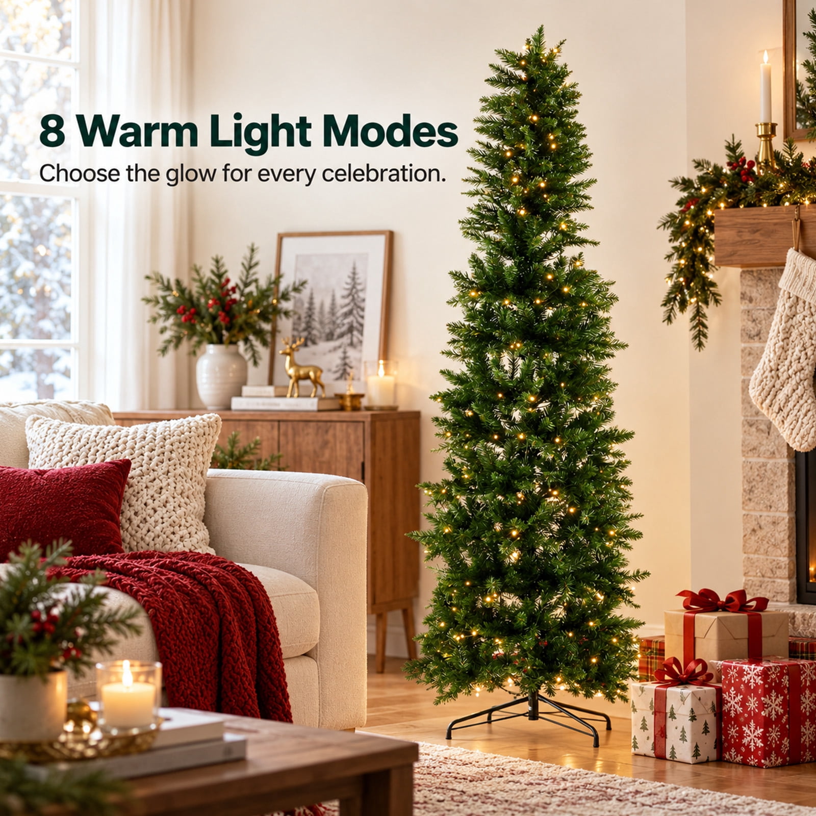 Alvantor Prelit Pencil Christmas Tree, 500 Warm White LEDs, Metal Stand, Small Spaces, Green 9FT