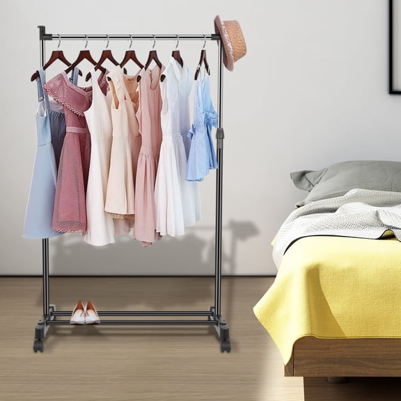 Rolling Clothes Rack TeqHome 3.12-4.8ft Height Adjustable Clothes Stand Clothes Hanger 33lbs Load with Wheels for Home Bedroom