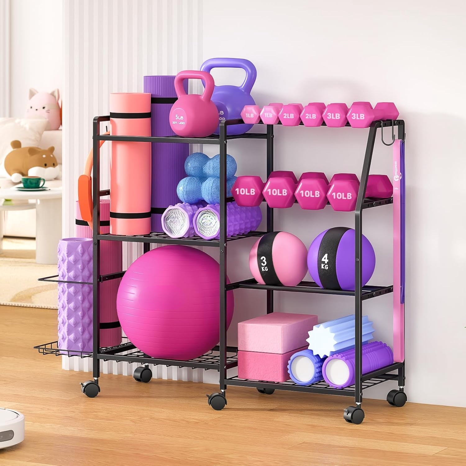 Dumbbell Rack, Weight Rack for Home Gym, Yoga Mat Storage Rack, Exercise Equipment Storage with Wheels and Hooks, Home Gym Equipment Organizer for Kettlebells