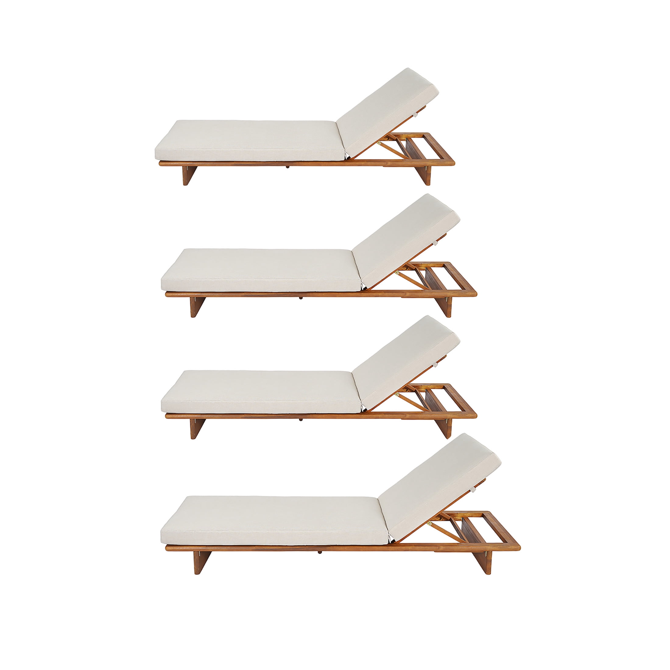 Christopher Knight Home Set of 4 Outdoor Chaise Lounges, Reclining Patio Loungers with Cushions, Teak + Beige