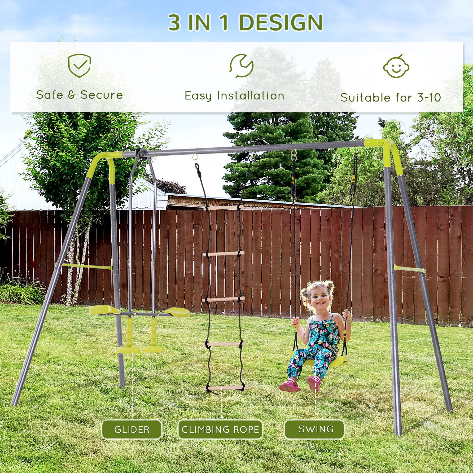HOMCOM 3 in 1 Kids Swing Set Double Face to Face Swing Chair Glider Set Climbing Ladder A Frame Outdoor Heavy Duty Metal Swing Set for Backyard