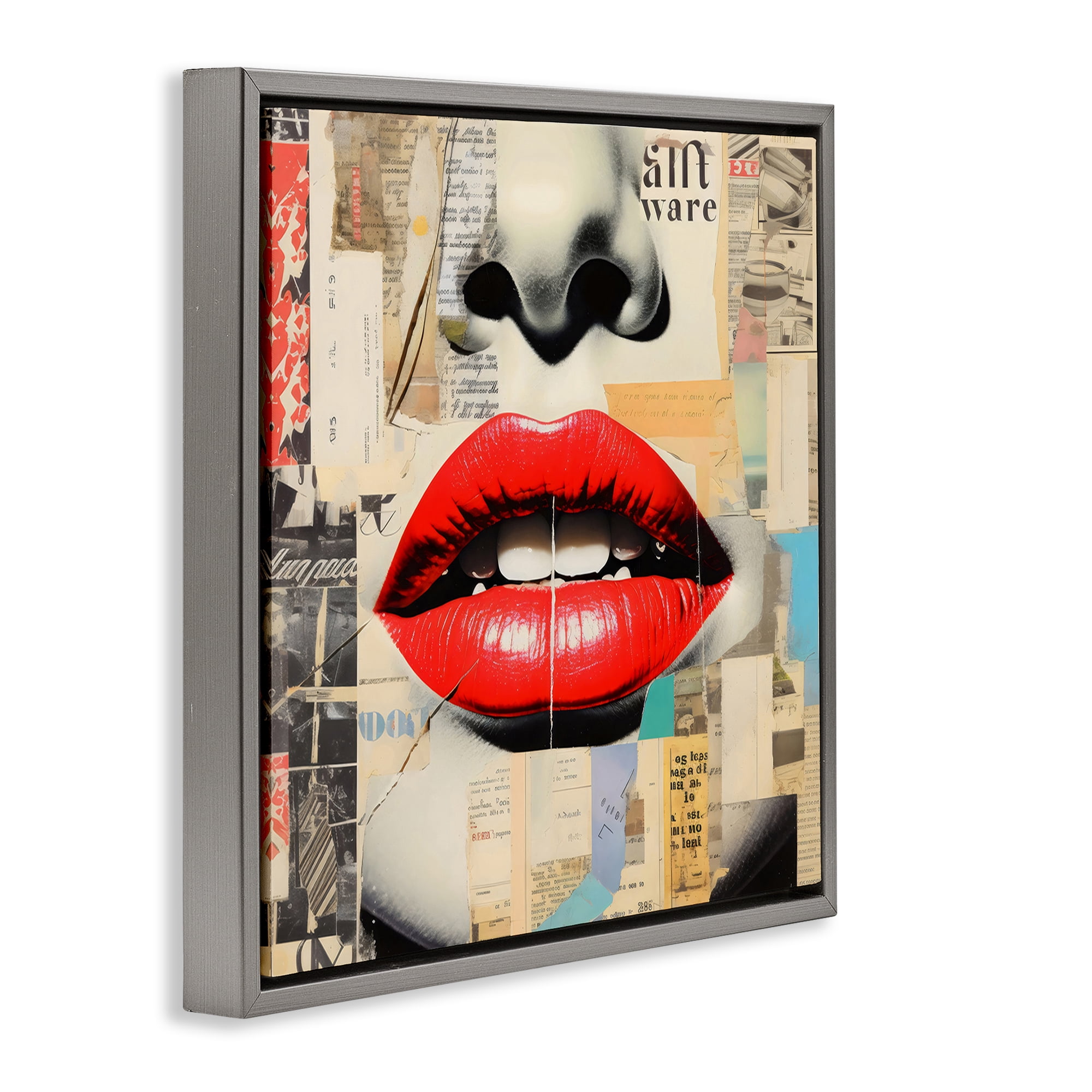 Stupell Industries Fashion Collage with Scarlet Lips Gray Framed Floater Canvas Wall Art, design by Creative Studio