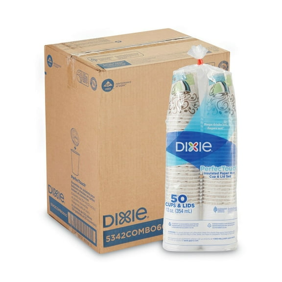 Dixie 5342COMBO600 PerfecTouch 12 oz Paper Hot Cups and Lids Combo with Coffee Haze Design (6/Carton)