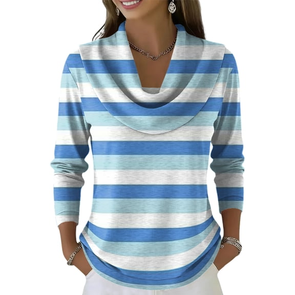 OIOLOYJM Workout Tops for Women Casual Striped Long Sleeve Cowl Neck Shirts Cotton Fitted Fashion T-Shirts Summer Basic Sweatshirts Sky Blue S