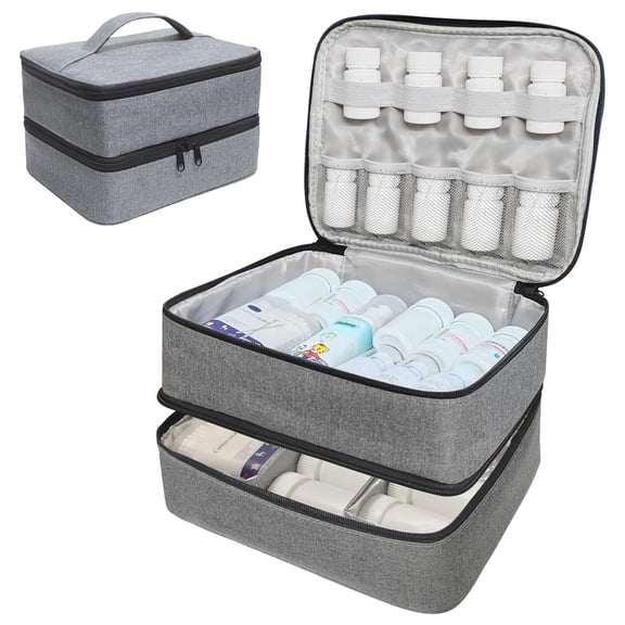 ZHIJYBO Medicine Bag, Double Layers Pill Bottle Organizer Bag for Emergency Medication,Supplements or Medical Kits, Zippered Lockable Empty Medicine Bag for Home (Grey, M)