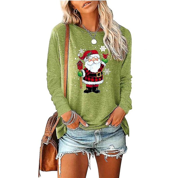 style2 Camiseta de manga larga navideña con cuello redondo de Papá Noel para mujer