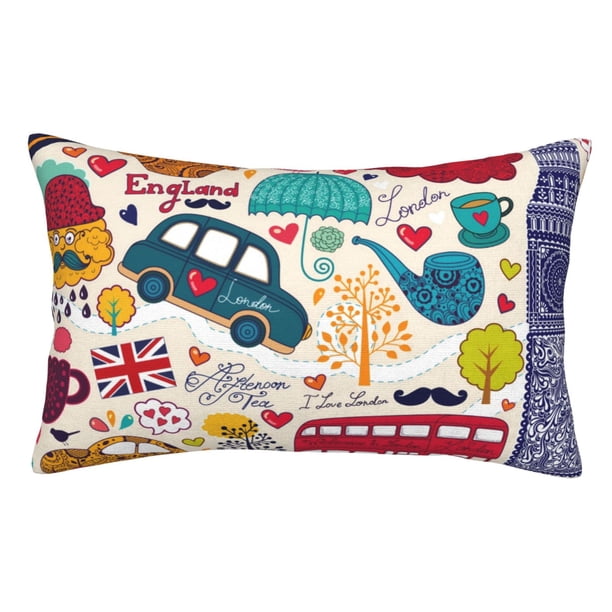 Fotbe London Symbols Funda de Almohada Decorativa Estilo Occidental, Lujo en Algodón, Fundas para Almohadas King, Cojín Estampado para Decoración del Hogar-16"x24"