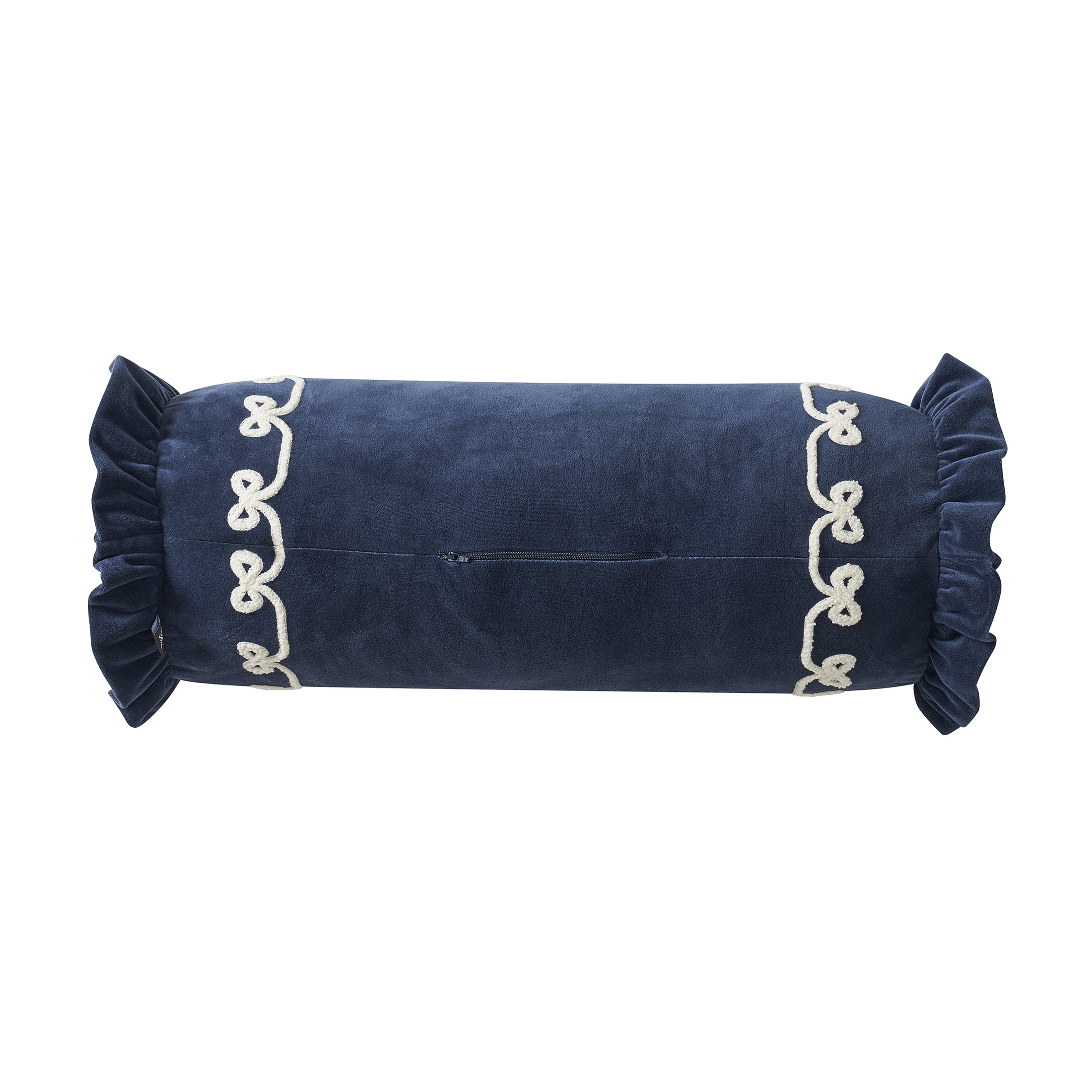 My Texas House 8" x 22" Navy Velvet Ruffle Bolster Decorative Pillow