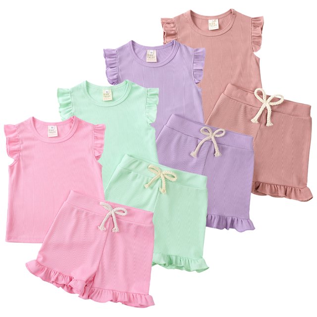 KYAIGUO Baby Infant Girls Summer Shorts Set Ribbed Ruffle Sleeve Tops+elastic Drawstring Short Pants Two Piece Solid Outfit Set