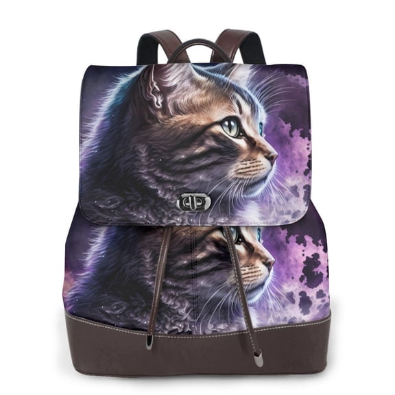 Goofa Purple Moon Cat for Leather Backpack Purse for Women Fashion Multipurpose Design Handbag Ladies Shoulder Bags Travel Backpack