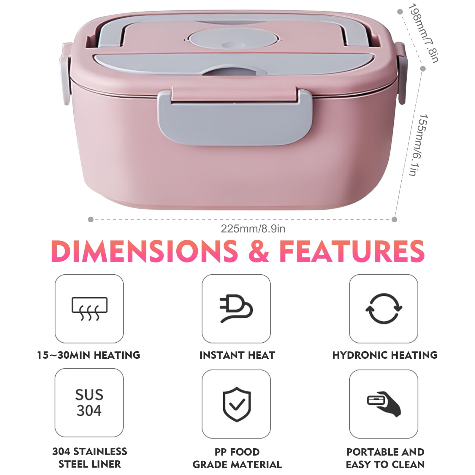 Electric Lunch Box -DFITO Fast 65W Food Heater 3-In-1 Portable Food Warmer Lunch Box W/Leak proof, 2 Compartments, Removable 304 Stainless Steel Container, Fork, Spoon and Carry Bag,Pink