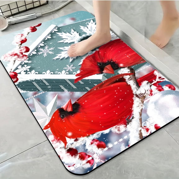 1pc Red Cardinals in Snowy Bathroom Rug Bathroom Decor and Accessories- Durable,Anti Slip,And Quick Drying,Suitable For Indoor/outdoor Use - Perfect For Bathrooms,Bedrooms,Kitchens,Terraces