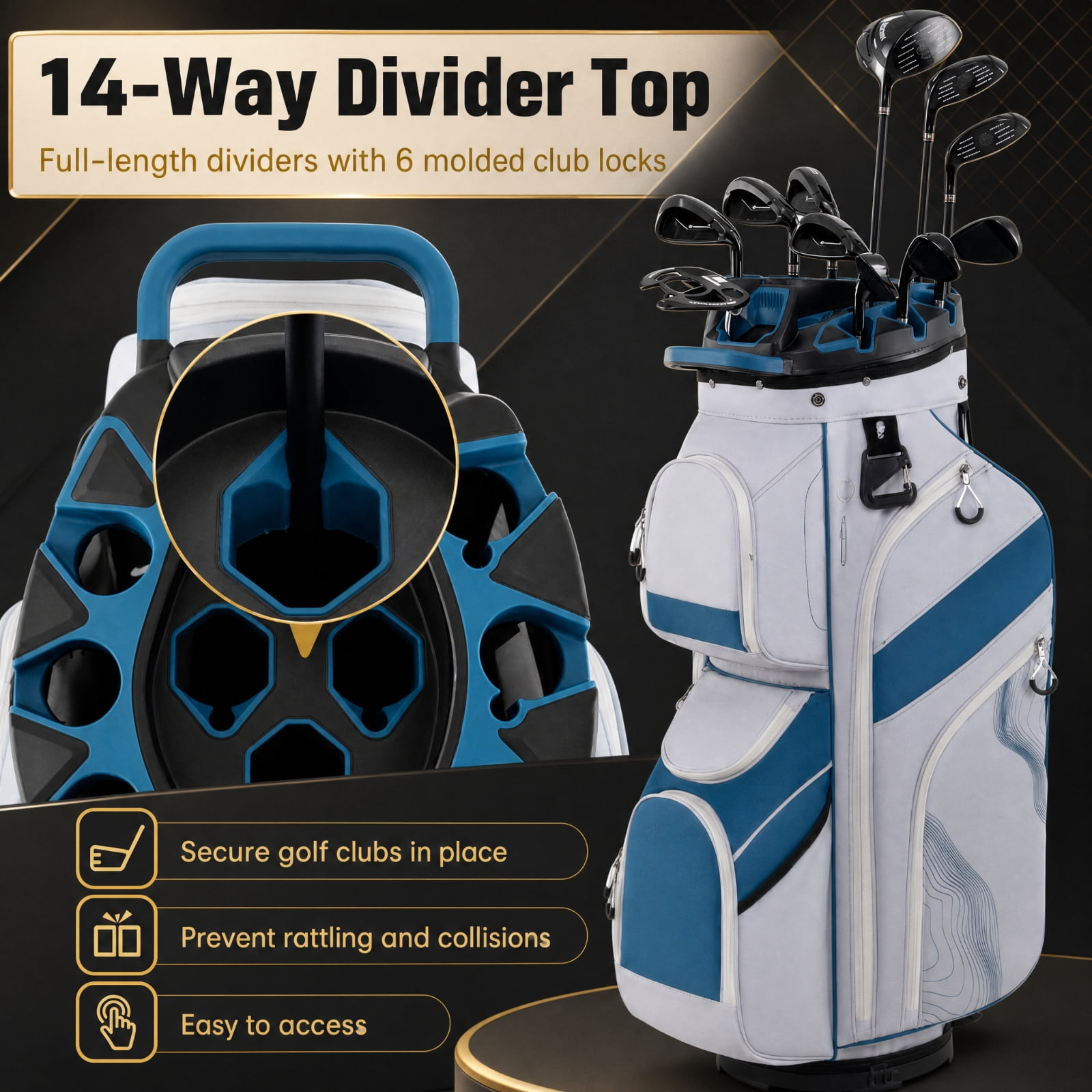 Airfind Molded Lock Top Golf Cart Bag with 14 Way Full Length Dividers and 11 Pockets, Navy Golf Club Bag with Dividers