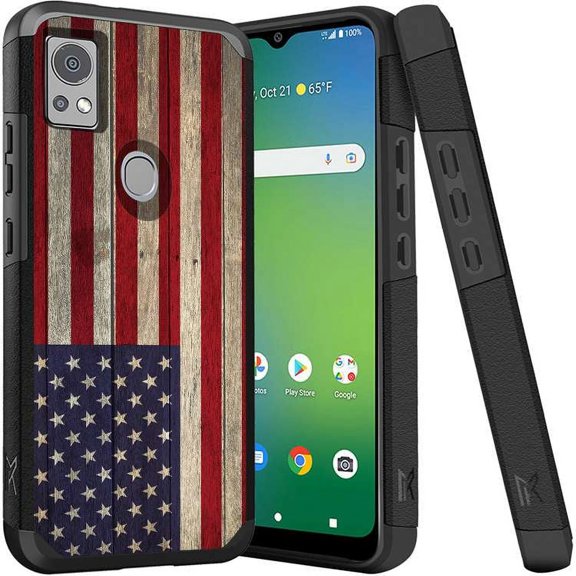 ANJ  Shockproof Dual Layer Slim Hard Case   Tempered Glass Cover Compatible with Icon 5, AT&T Motivate 4 - American Flag on Wood