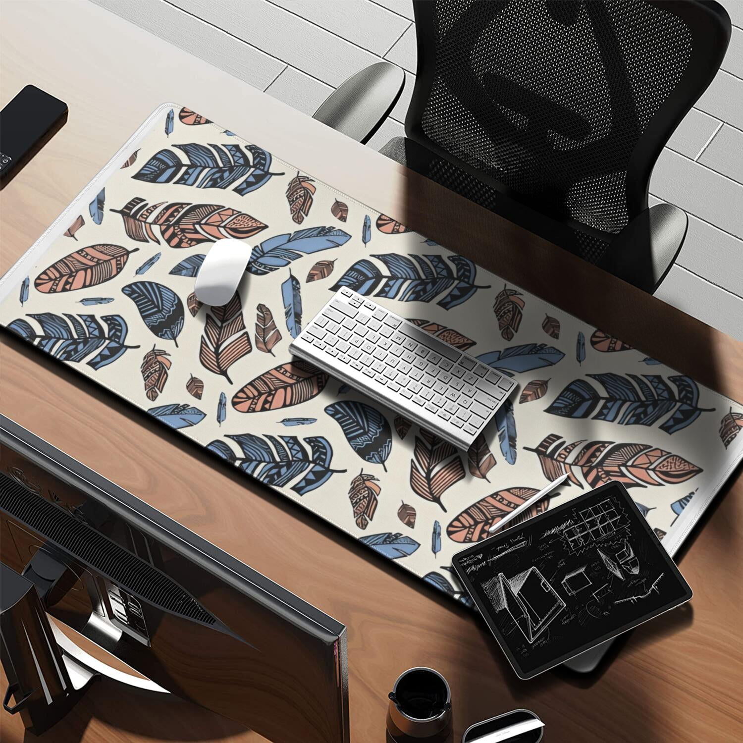 Long Mouse Pads for Desk,Blue and Brown Feather Pattern Desk Mats on Top Of Desks, Desk Mouse Pad Extra Large with 3mm Non-Slip Base and Stitched Edge for Gaming,Office,Work,Home 35.4"x15.7"