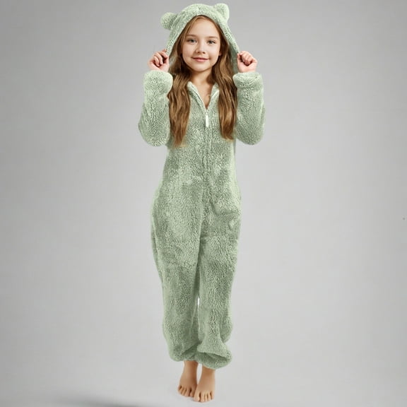 Jinhomg Girls Plush Hooded Jumpsuit Soft Fleece Warm Winter Romper Kids One Piece Zip Up Hooded Onesie Comfortable for Unisex 5-6 Years