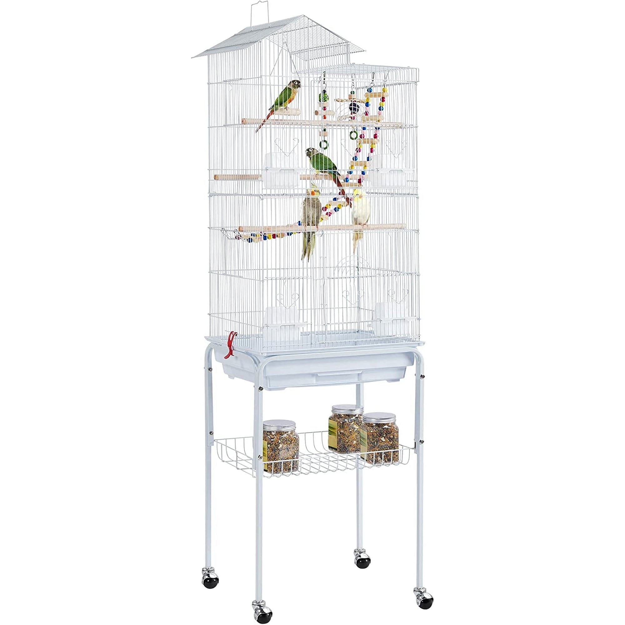 CHTER 62.5-inch Roof Top Flight Bird Cage for Parakeets Cockatiels Conures Finches Lovebirds Canaries Budgies Small Parrots, Large Birdcage with Detachable Rolling Stand, White