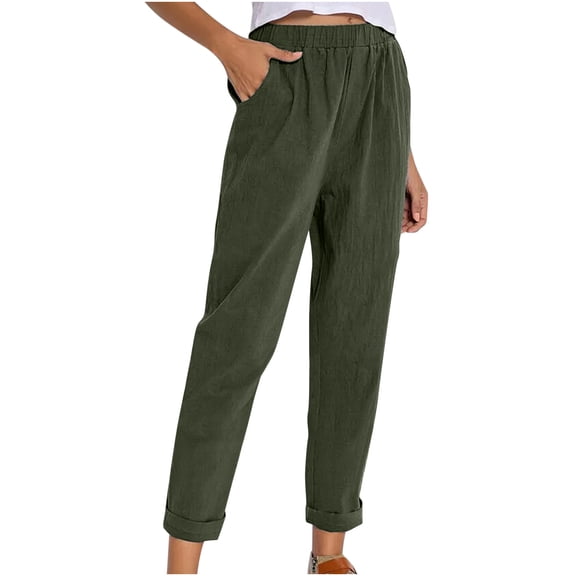 Cmfcve Women's Dress Pants Casual Solid Color Cotton Linen Trousers Loose Straight Elastic Waist Work Pants