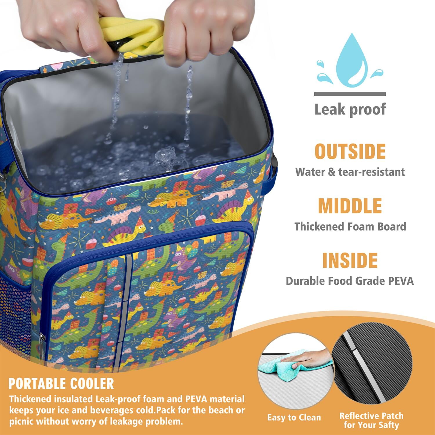 Travel Cooler Bag - Blue Cartoon Dinosaurs Party Pattern Camping Beer Cooler Backpack with Bottle Opener- Waterproof Insulated Picnic Backpacks - Cooler Bag for Beach