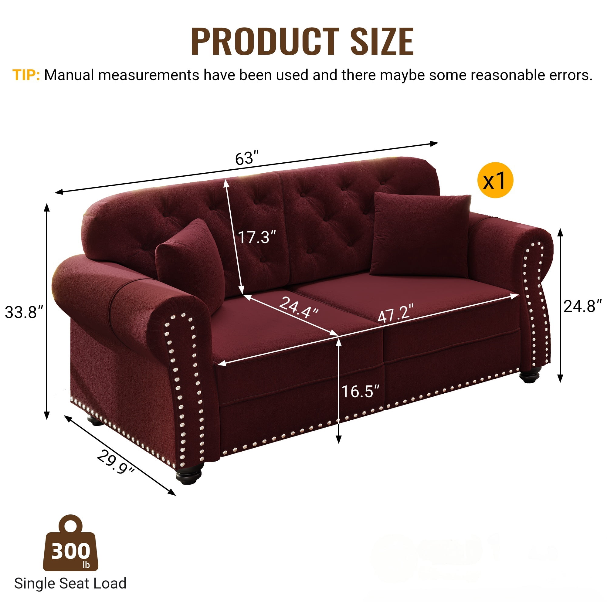 1PCS Upholstered Velvet Couch with Nailhead Trim, Mid-Century Modern Button Tufted Chesterfield Loveseat Sofa with 2 Pillows