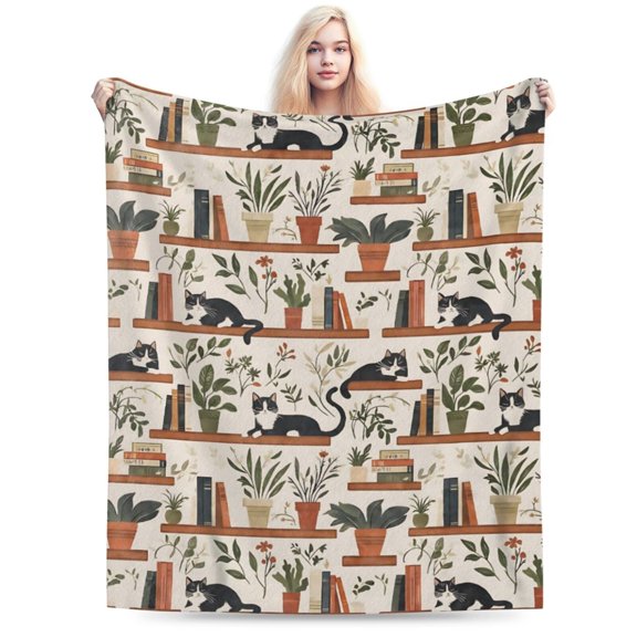 Cute Black Cat and Book Fleece Blanket Playful Animal and Plant Throw Blanket 50x40
