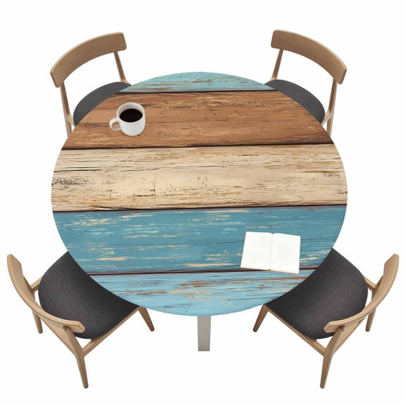 Farmhouse Light Blue Brown Fitted Tablecloth with Elastic Edged, Round Table Cloth for Dining Table, Vintage Wooden Striped Waterproof Oil Proof Table Cover for Indoor Outdoor 36"-44"