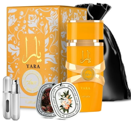 Aromaque Tous Lattafa Perfumes Bundle – 3.4oz Eau de Parfum for Women with Travel Bottle, 2 Car Fresheners & Gift Bag – Fresh Scents