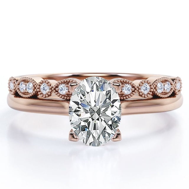 JeenMata Anillo de Boda con Filigrana Decorativa Milgrain de 1,75 Quilates con Engaste Ovalado en Punta Engastado en Oro Rosa de 18 K sobre Plata (Personaliza la Banda de Tu Anillo de Bodas)