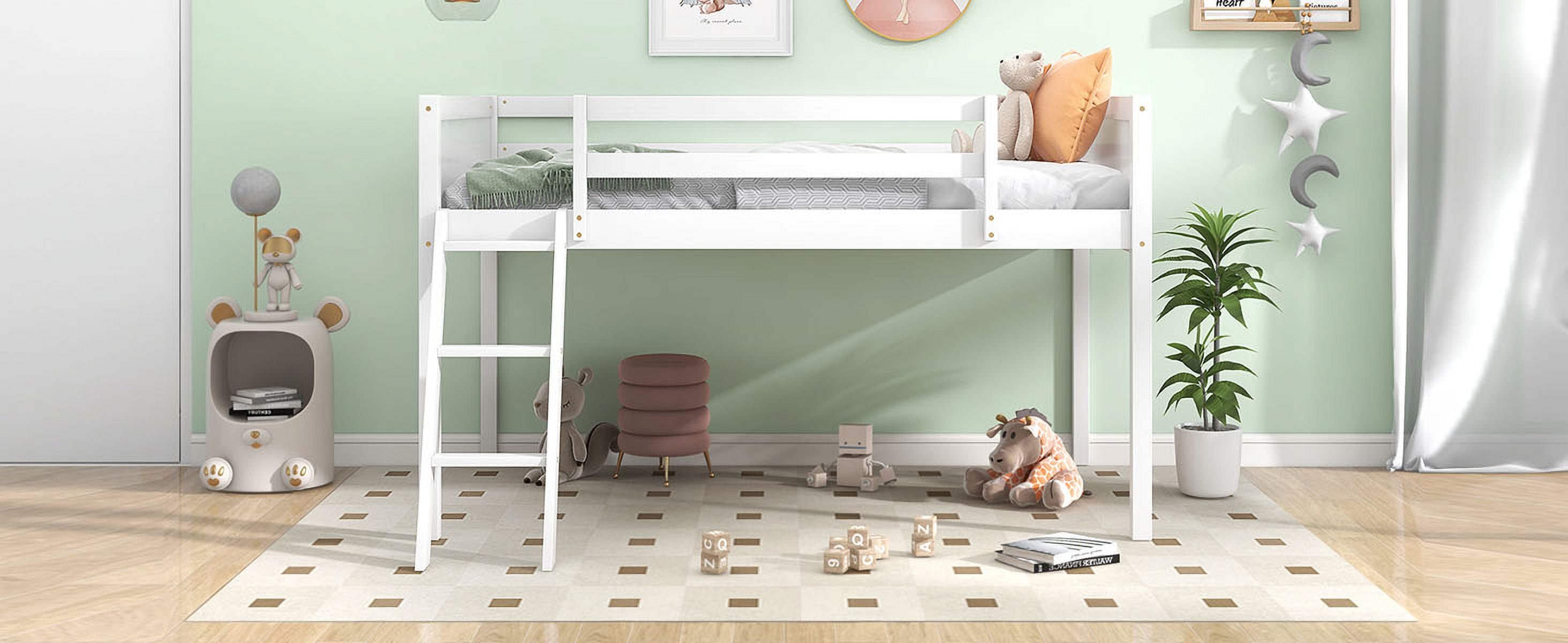 Twin Size Wood Low Loft Bed With Ladder, Ladder Can Be Placed On The Left Or Right, White