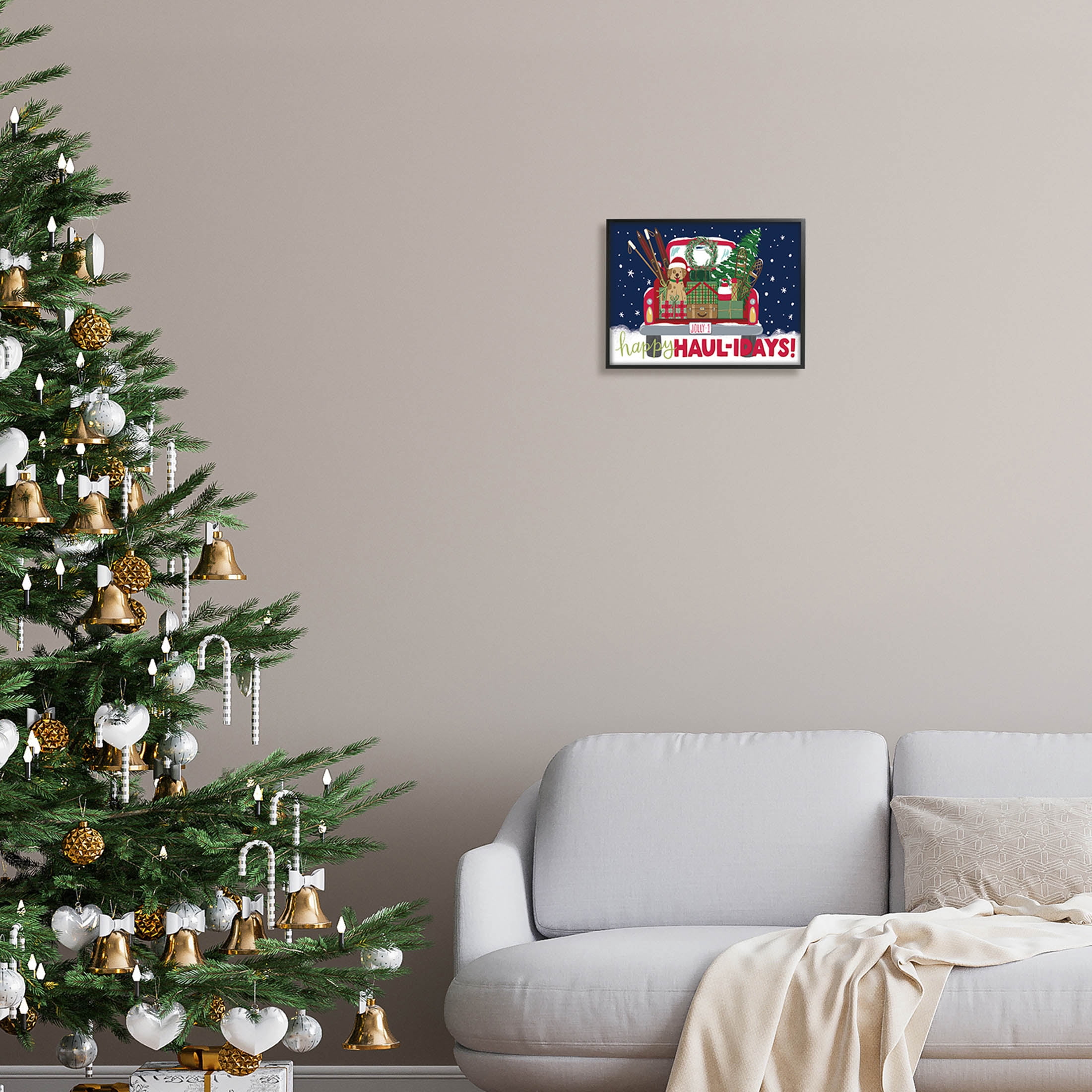 Stupell Industries Happy Haul-idays Christmas Gift Truck Graphic Art Black Framed Art Print Wall Art, Design by Amanda McGee