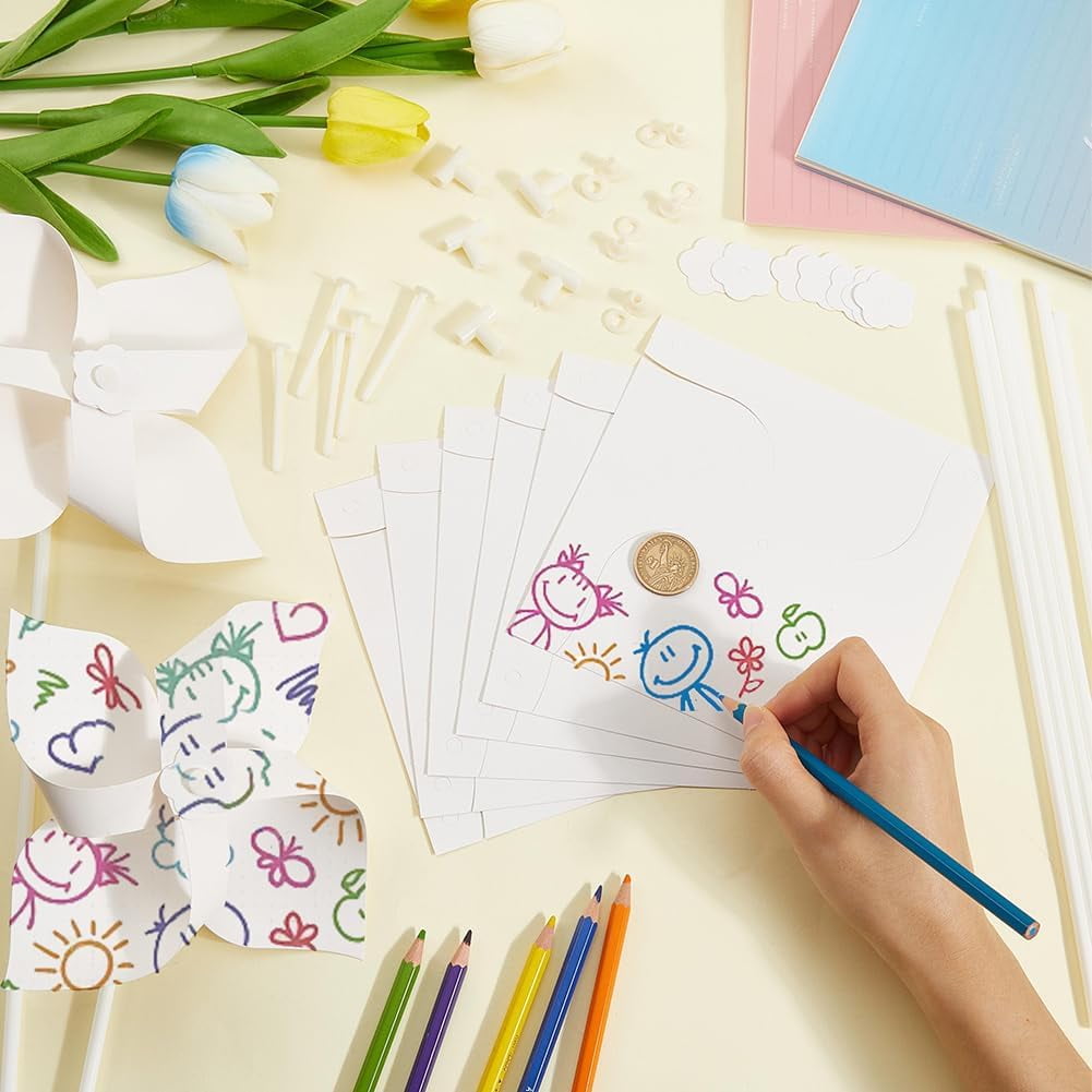 1Set 48 Sets Paper & PVC Blank DIY Pinwheels Craft for Kids Art and Craft White 155x155x0.2mm