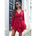 thumbnail image 5 of Women'S Short Dress Long Sleeve Deep V-Neck Waist Tie Ruffle Mini Swing - Dresses Wine Red XL, 5 of 8