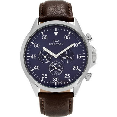 Territory Men's Round Face Polished Bezel Faux Leather Strap Watch