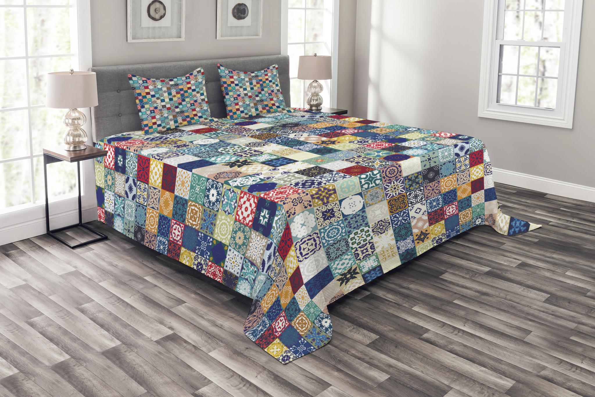 Moroccan Bedspread Set Queen Size, Oriental Eastern Pattern with Grid