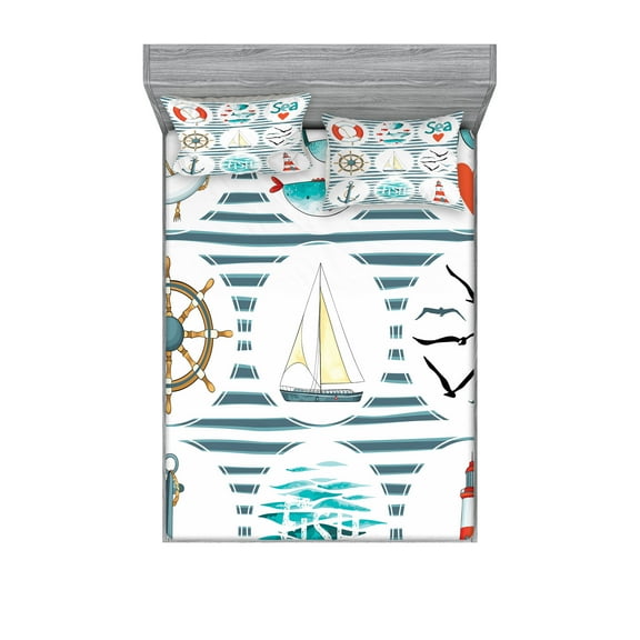 Ambesonne Nautical Fitted Sheet & Pillow Sham Set, Marine Collage, Queen, White Red Blue