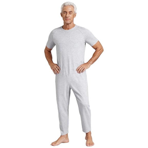 TSSOE Adults Elderly Men Adaptive Clothing Solid Color Short Sleeve Anti-Strip Adaptive Jumpsuit Sleepwear with Back-Zipper Grey L