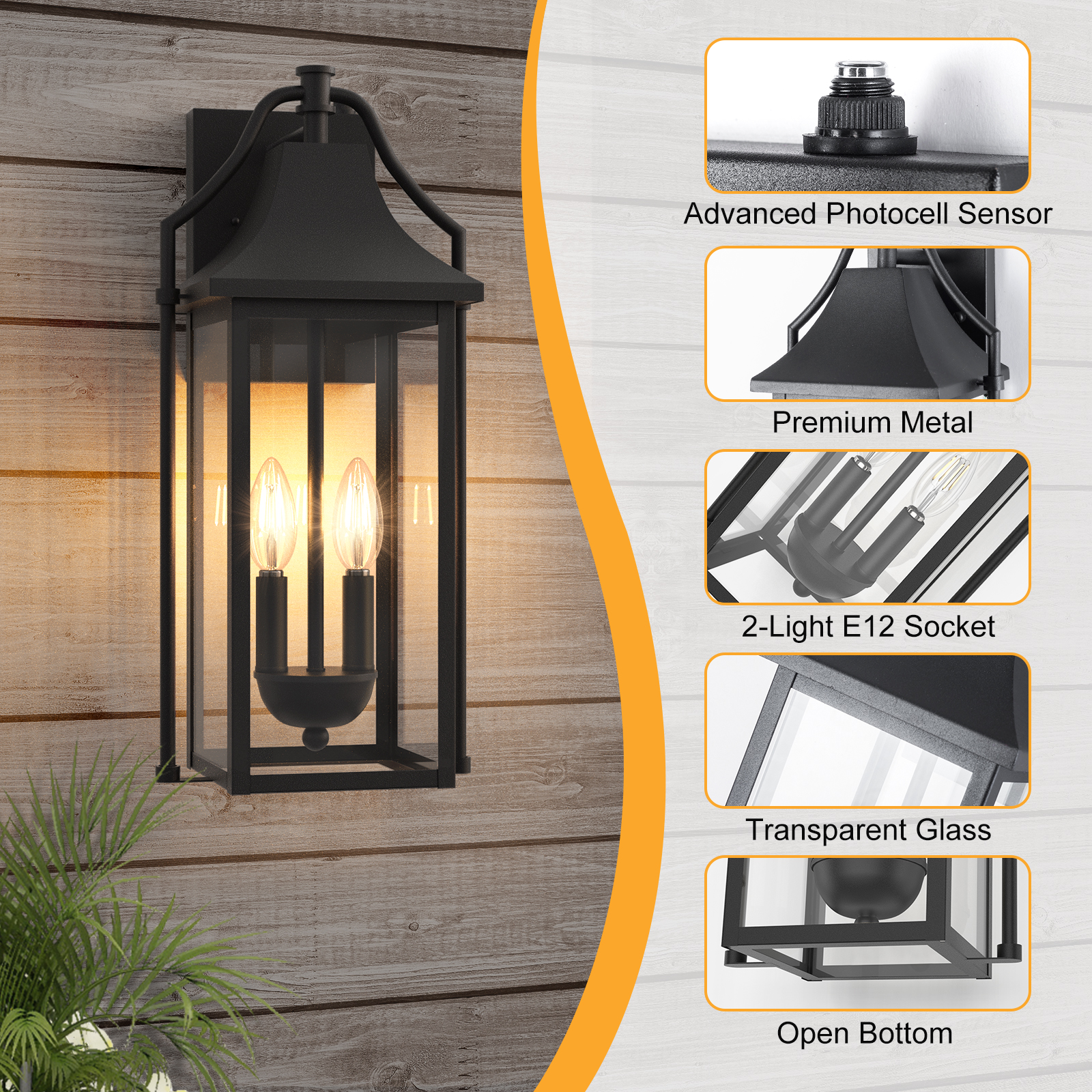 Lawyettle 18" Large Outdoor Wall Lantern with Dusk to Dawn Sensor, 2-Light Waterproof Black Wall Sconce with Glass for Porch, Garage, Front Door, Patio