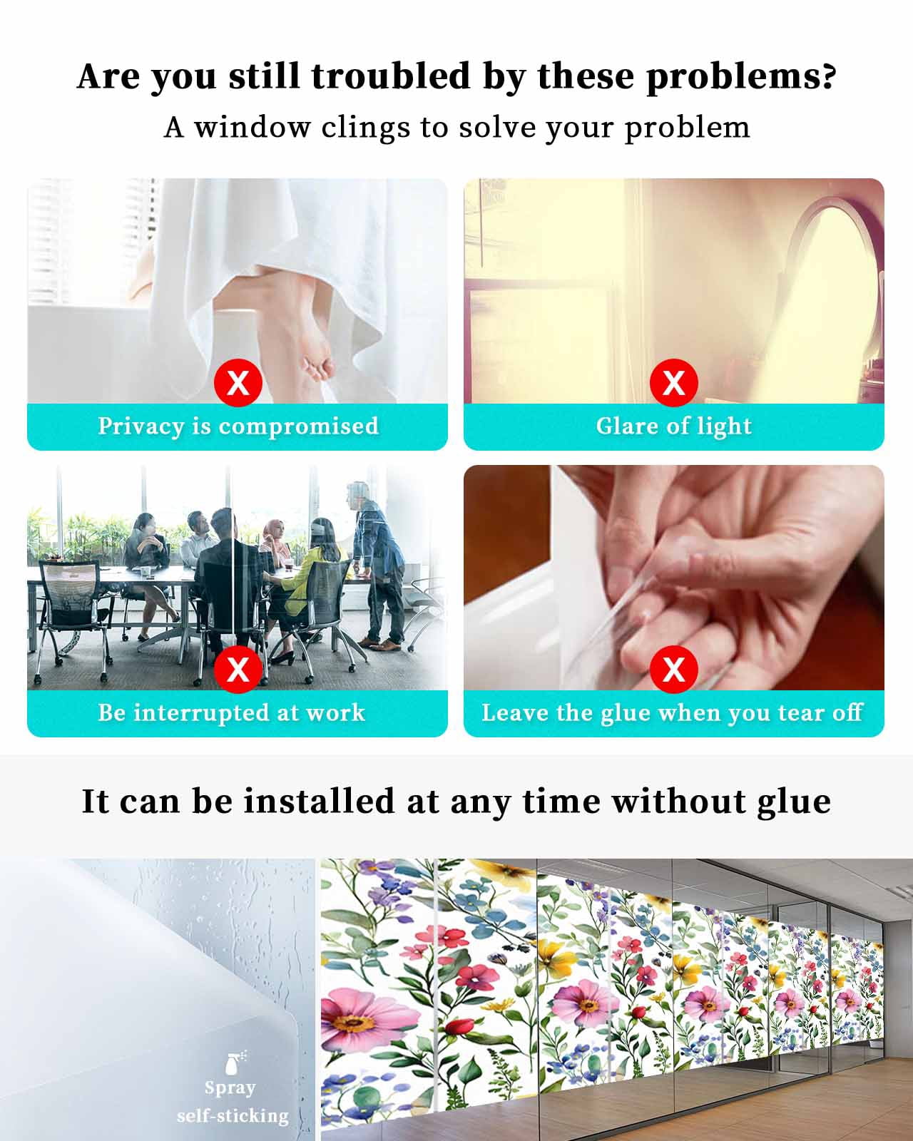 Window Privacy Film Spring Flower Stained Glass Window Film Decorative Sun Block Window Cover Retro Farm Summer Leaf Plant Watercolor Window Clings Static Adhesive Sticker for Bathroom 23.6"x59"