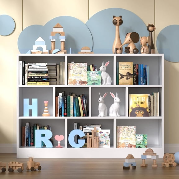 Cozy Castle Wood Bookshelf, 3-Tier Open Shelf Bookcase, 10 Cube Storage Organizer with Anti-Tilt Device, Freestanding Book Storage Shelves for Bedroom, Living Room,White