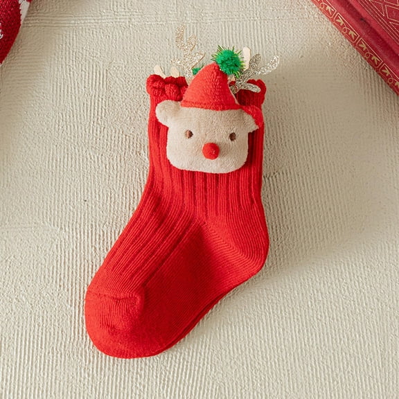 Avrnliq Kids Christmas Socks for Girls - Soft Cotton Crew Socks with 3D Reindeer, Red, Ruffle Cuff, 1-12 Years (S-XL),Size 1 T