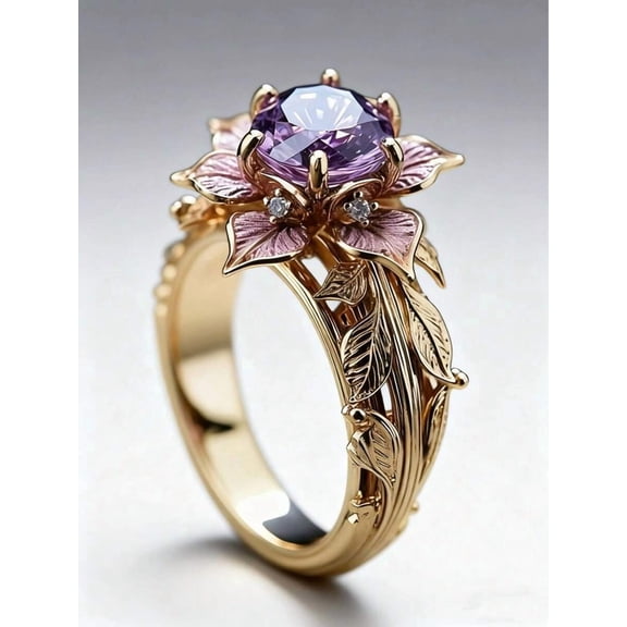 Floral Design Purple Zirconia Flower Ring In Goldtone Metal For Women