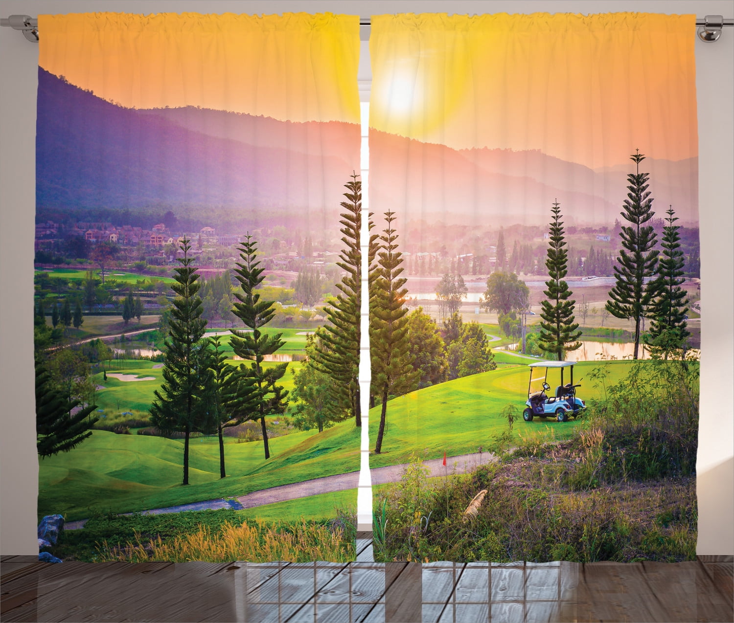 Nature Curtains, Golf Resort Park in Spring Season with Trees Sunset Hills  and Valley End of The Day, Living Room Bedroom Window Drapes Panel Set,  108