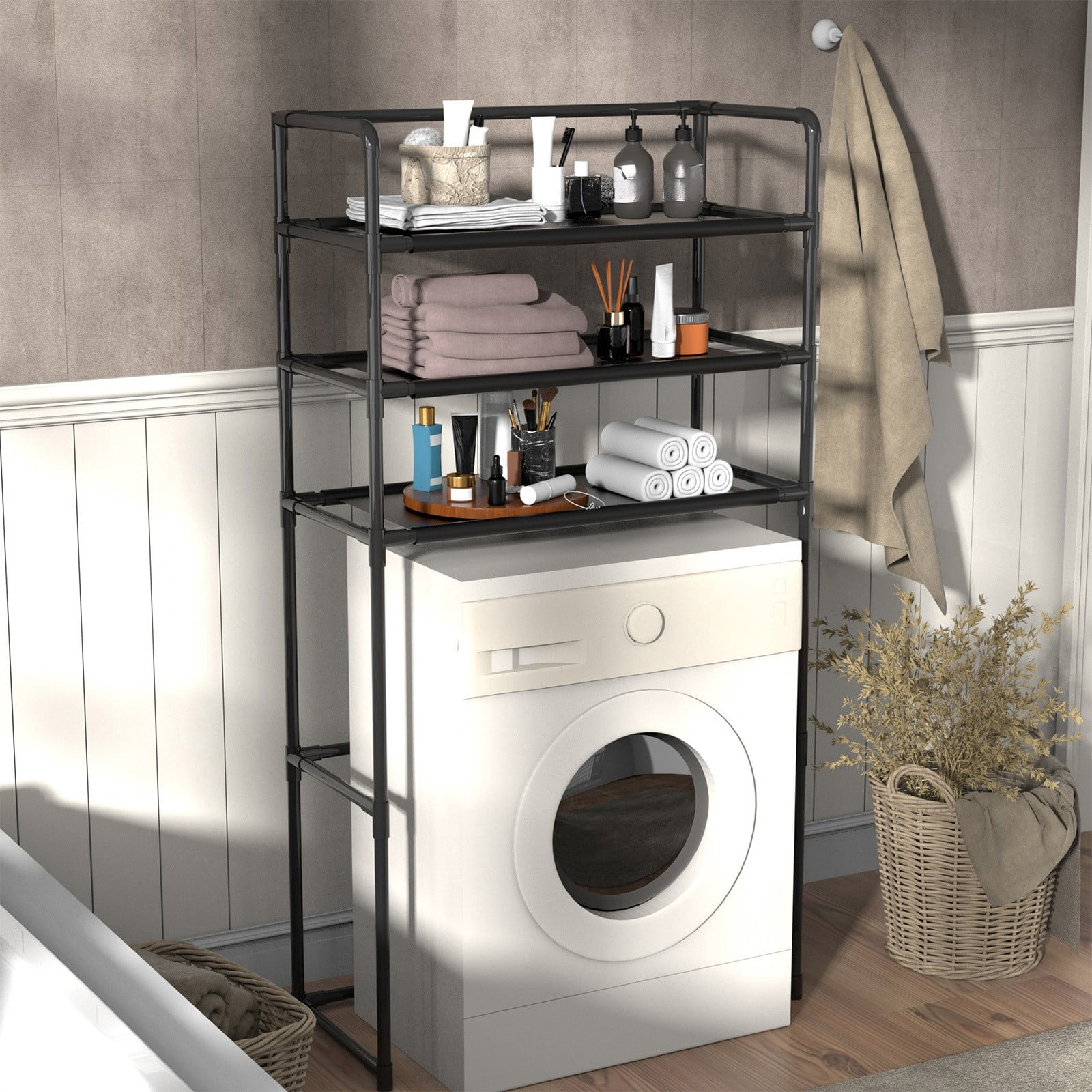 Taicans Over the Toilet Metal Storage Shelf Unit Space Saver,3-Tier Bathroom Shelf Organizer Freestanding above Toilet Storage Rack with Metal Frame & Hook for Towels & Toiletries,28x59in