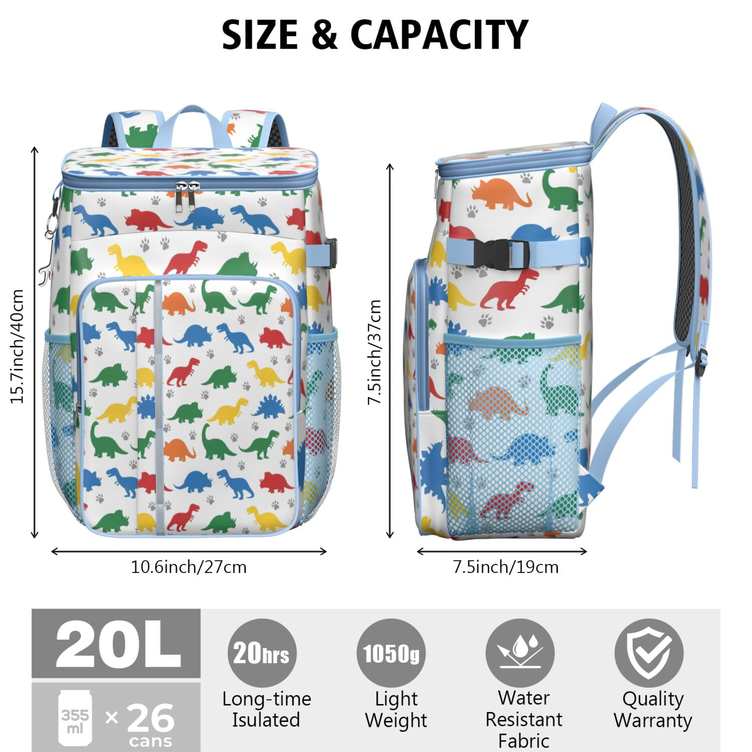 Travel Cooler Bag - White Colorful Dinosaurs Paw Prints Pattern Camping Beer Cooler Backpack with Bottle Opener- Waterproof Insulated Picnic Backpacks - Cooler Bag for Beach