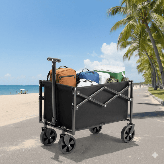 Foldable Wagon Collapsible Utility Cart, 50L Small Space Camping Wagon with 176lbs Capacity, Heavy Duty Beach Wagon with Adjustable Handle & 360° Swivel Wheels for Grocery, Outdoor (Black)