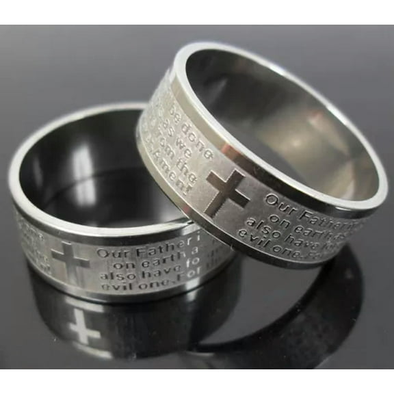 K-KED 6pcs ETCH English LORD'S PRAYER Stainless Steel Ring MEN Jesus Cross Jewelry