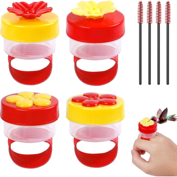 4 Pcs Hand Held Hummingbird Feeders with Cleaning Brushes, Mini Flower Handheld Hummingbird Feeders for Outdoors, Plastic Hummingbird Ring Feeders, Hummingbird Hand Feeders, Wild Bird Feeders